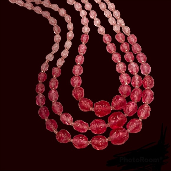 SOLDMagnificent Vintage Ombré’ Pink Glass Bead Graduated Multi Strand Necklace - Picture 4 of 7